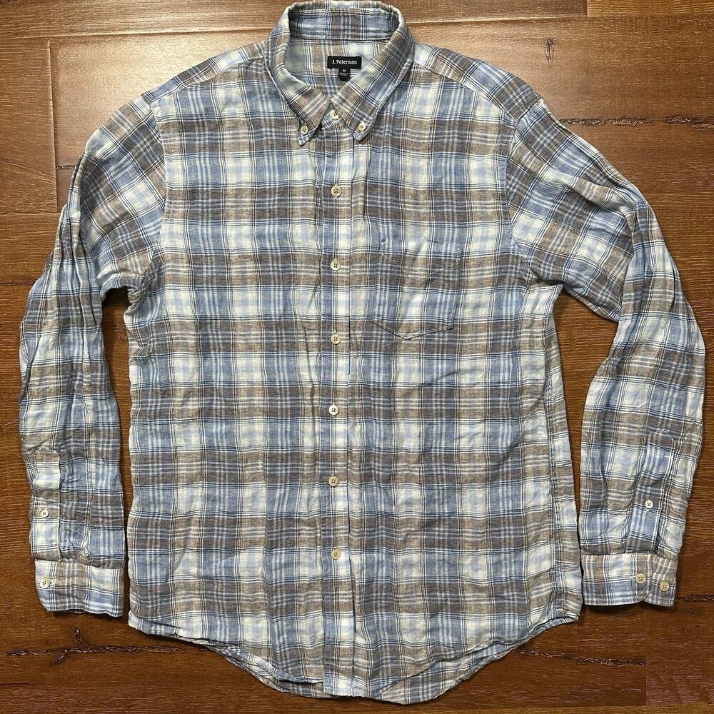 J Peterman Button Up Shirt Mens M Blue Tartan Plaid 100% Linen Long Sleeve Retro